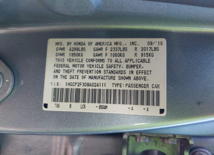 Photo 9 of 2011 Honda Accord 2.4 LX (VIN 1HGCP2F30BA024111)