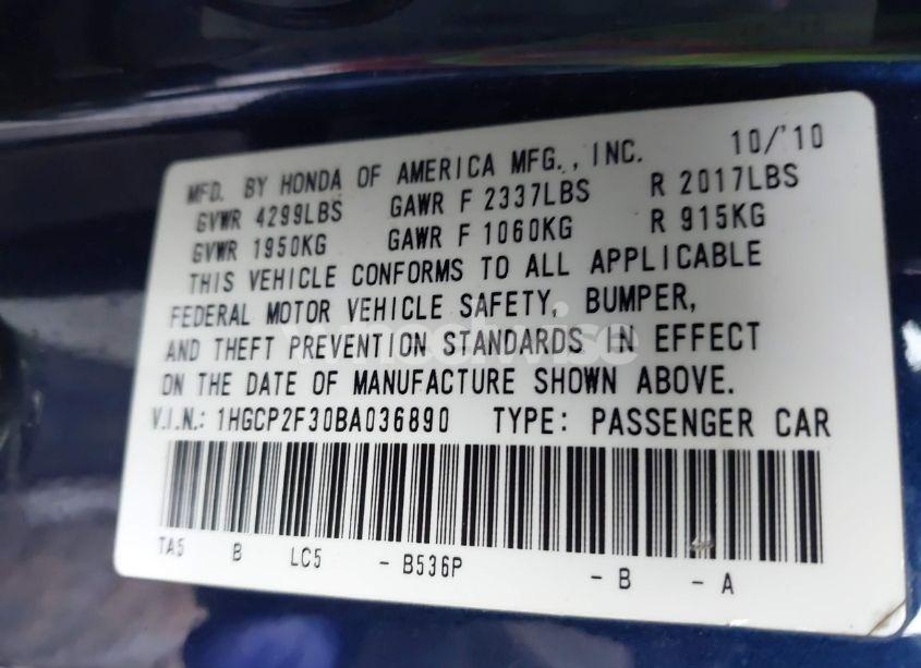 Photo 9 of 2011 Honda Accord 2.4 LX (VIN 1HGCP2F30BA036890)