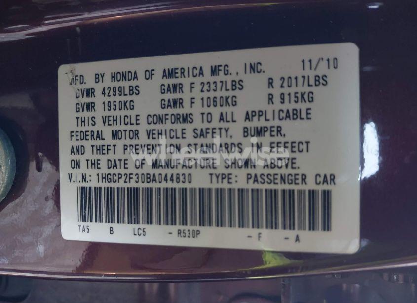 Photo 9 of 2011 Honda Accord 2.4 LX (VIN 1HGCP2F30BA044830)