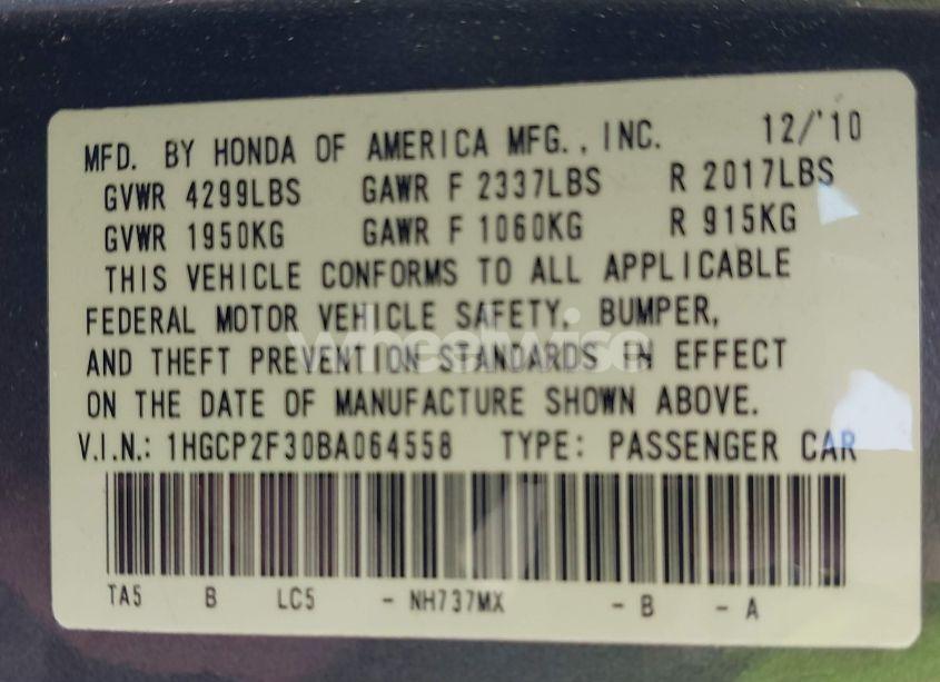Photo 14 of 2011 Honda Accord 2.4 LX (VIN 1HGCP2F30BA064558)
