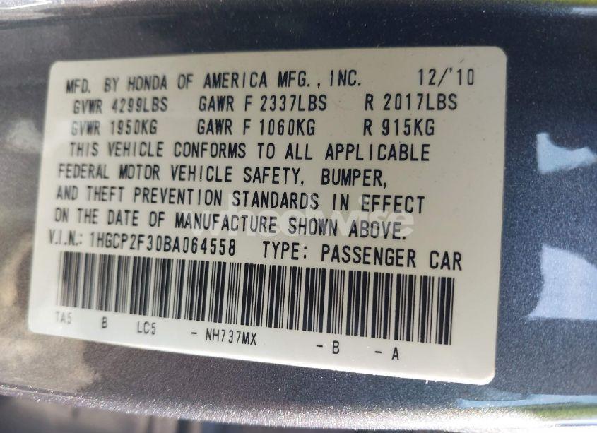 Photo 9 of 2011 Honda Accord 2.4 LX (VIN 1HGCP2F30BA064558)