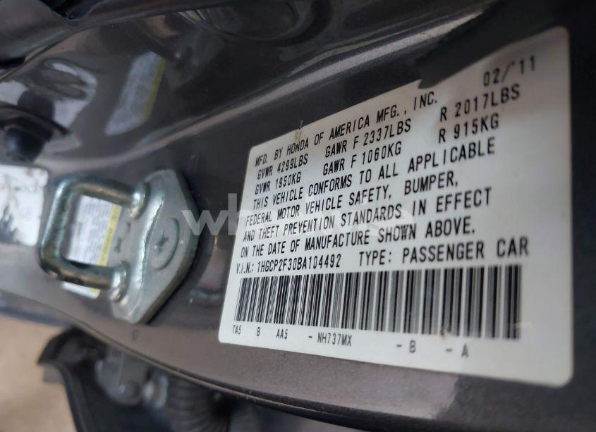 Photo 9 of 2011 Honda Accord 2.4 LX (VIN 1HGCP2F30BA104492)