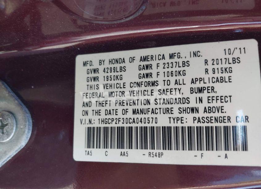 Photo 9 of 2012 Honda Accord 2.4 LX (VIN 1HGCP2F30CA040570)