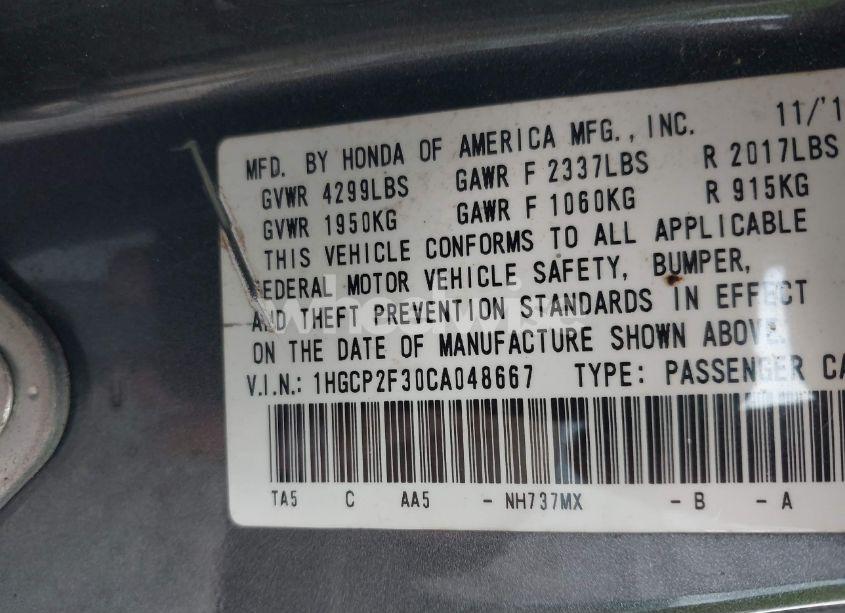 Photo 9 of 2012 Honda Accord 2.4 LX (VIN 1HGCP2F30CA048667)