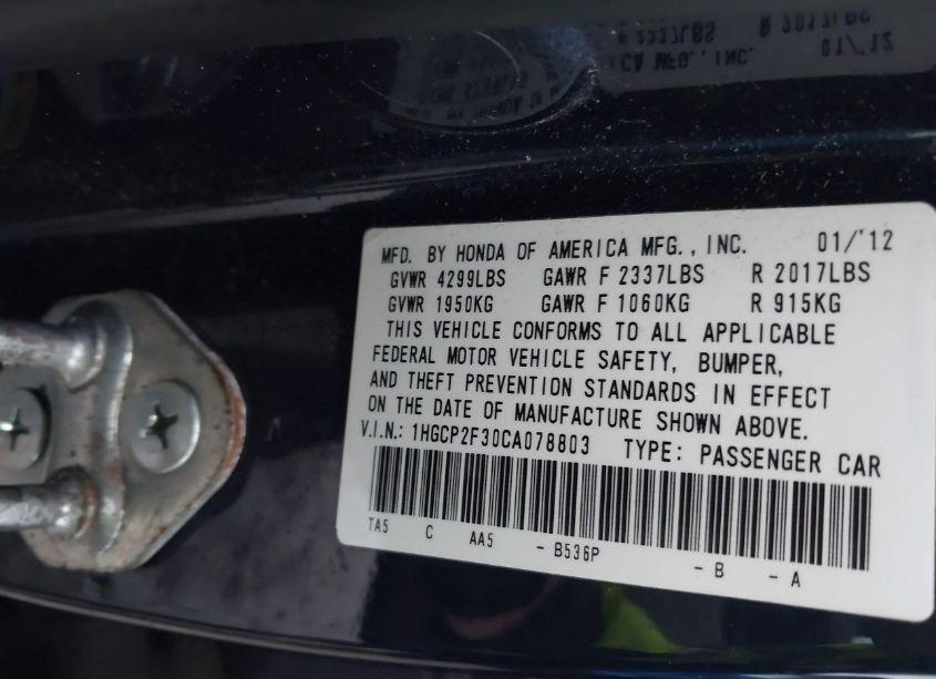 Photo 9 of 2012 Honda Accord 2.4 LX (VIN 1HGCP2F30CA078803)