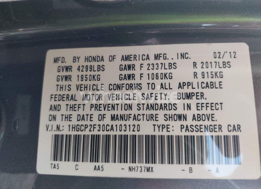 Photo 9 of 2012 Honda Accord 2.4 LX (VIN 1HGCP2F30CA103120)