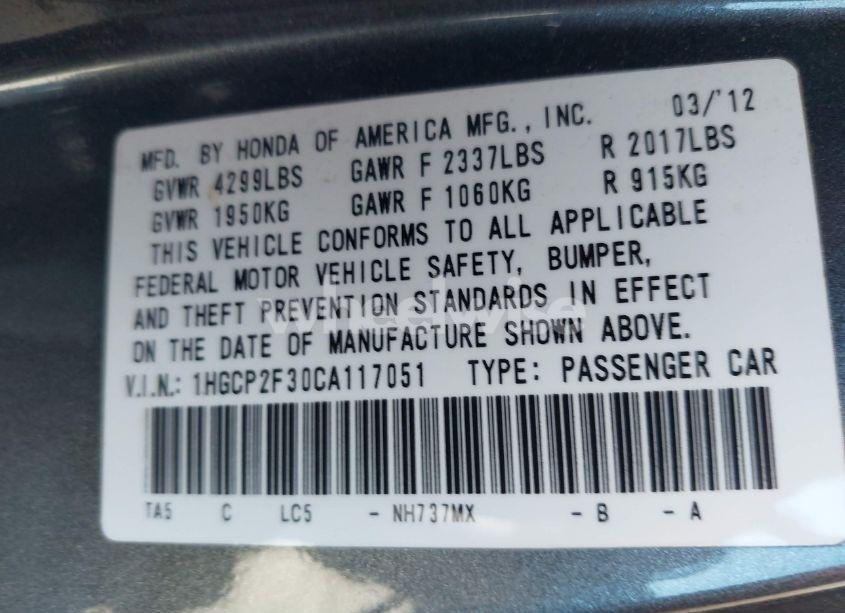 Photo 9 of 2012 Honda Accord 2.4 LX (VIN 1HGCP2F30CA117051)