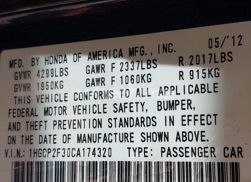 Photo 9 of 2012 Honda Accord 2.4 LX (VIN 1HGCP2F30CA174320)