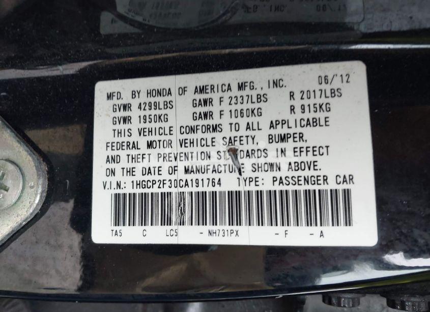 Photo 9 of 2012 Honda Accord 2.4 LX (VIN 1HGCP2F30CA191764)