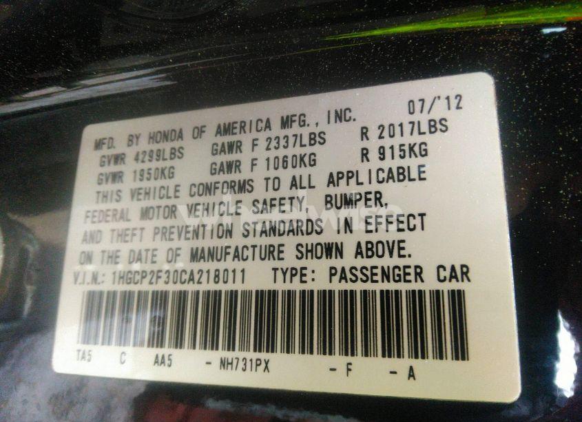 Photo 9 of 2012 Honda Accord 2.4 LX (VIN 1HGCP2F30CA218011)