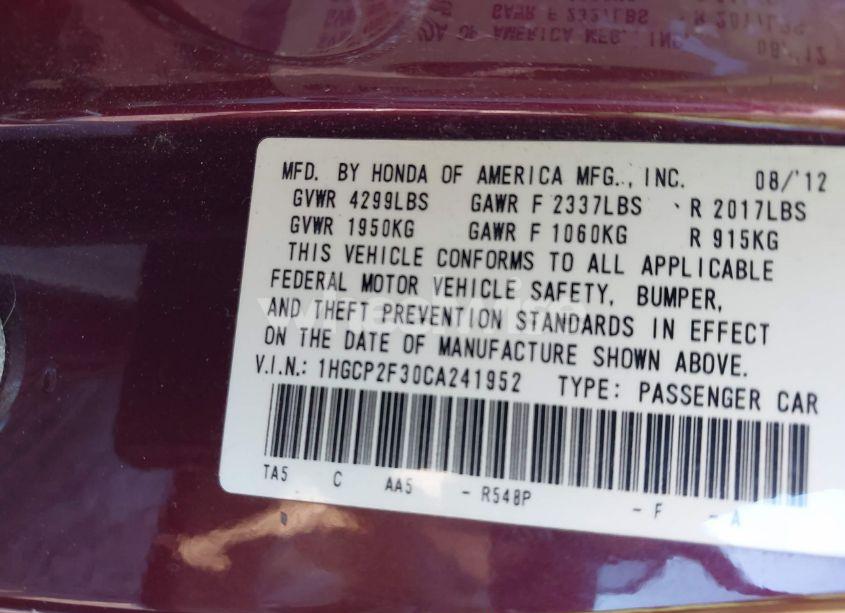 Photo 9 of 2012 Honda Accord 2.4 LX (VIN 1HGCP2F30CA241952)