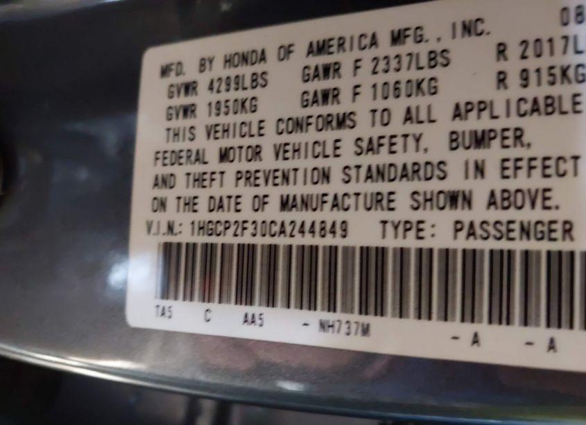 Photo 9 of 2012 Honda Accord 2.4 LX (VIN 1HGCP2F30CA244849)