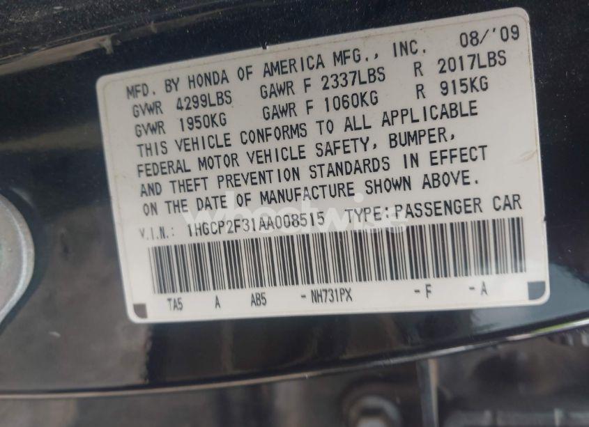 Photo 9 of 2010 Honda Accord 2.4 LX (VIN 1HGCP2F31AA008515)