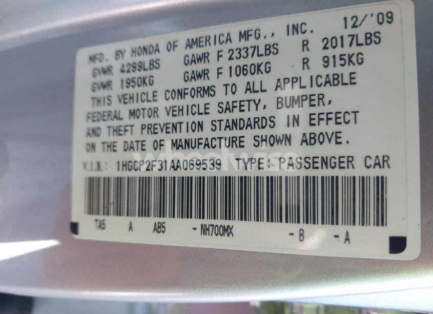 Photo 9 of 2010 Honda Accord 2.4 LX (VIN 1HGCP2F31AA069539)