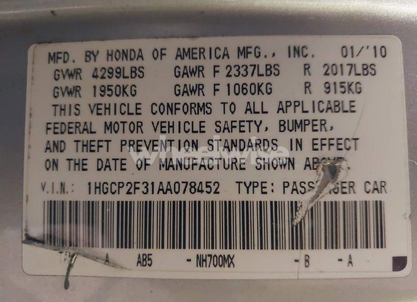 Photo 9 of 2010 Honda Accord 2.4 LX (VIN 1HGCP2F31AA078452)