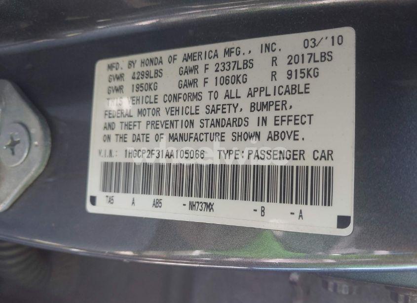 Photo 9 of 2010 Honda Accord 2.4 LX (VIN 1HGCP2F31AA105066)