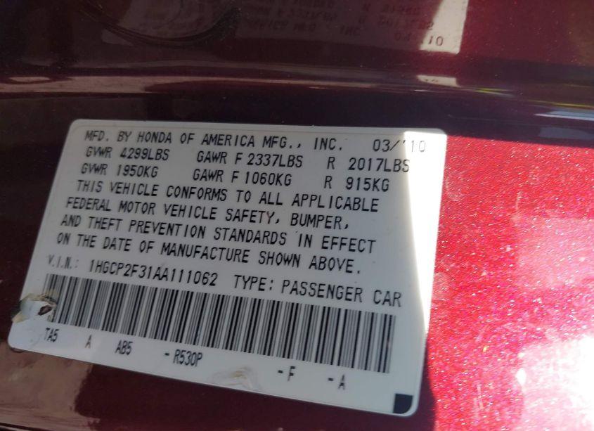 Photo 9 of 2010 Honda Accord 2.4 LX (VIN 1HGCP2F31AA111062)