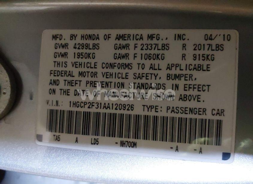Photo 9 of 2010 Honda Accord 2.4 LX (VIN 1HGCP2F31AA120926)