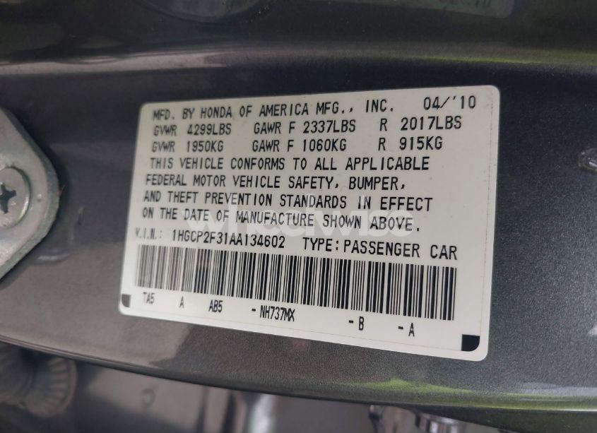 Photo 9 of 2010 Honda Accord 2.4 LX (VIN 1HGCP2F31AA134602)