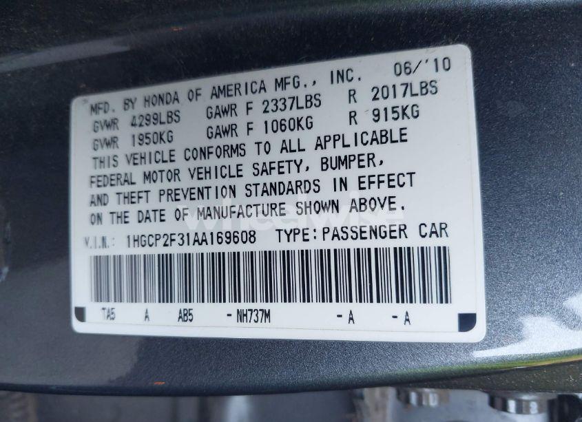 Photo 9 of 2010 Honda Accord 2.4 LX (VIN 1HGCP2F31AA169608)