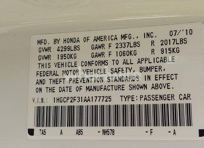 Photo 9 of 2010 Honda Accord LX (VIN 1HGCP2F31AA177725)