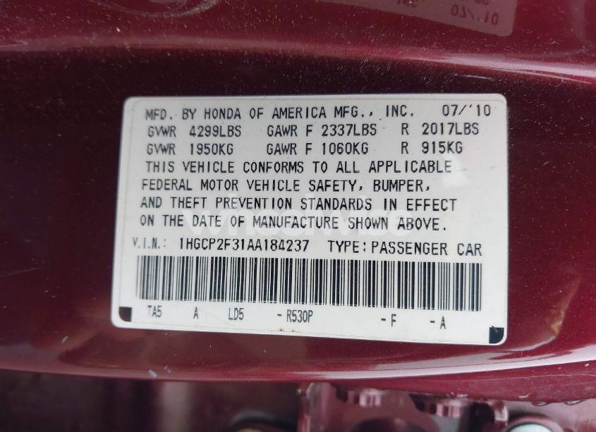 Photo 9 of 2010 Honda Accord 2.4 LX (VIN 1HGCP2F31AA184237)