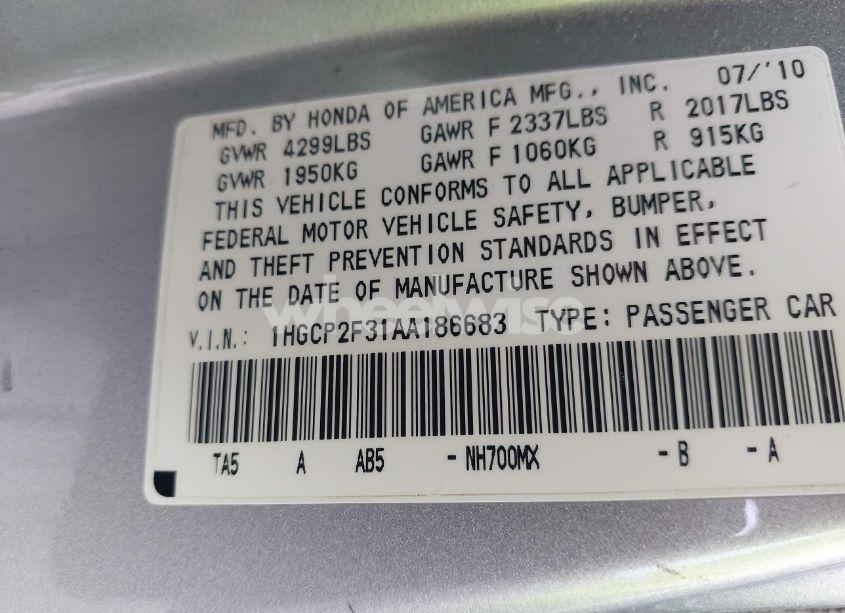 Photo 9 of 2010 Honda Accord 2.4 LX (VIN 1HGCP2F31AA186683)