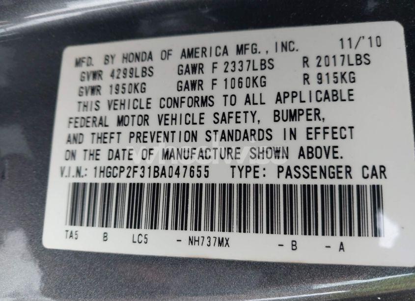 Photo 9 of 2011 Honda Accord 2.4 LX (VIN 1HGCP2F31BA047655)