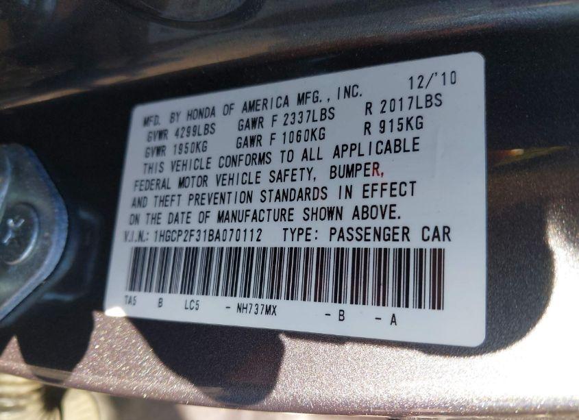 Photo 9 of 2011 Honda Accord 2.4 LX (VIN 1HGCP2F31BA070112)