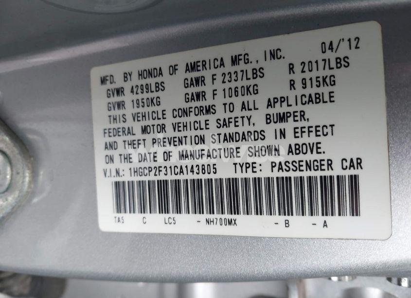 Photo 9 of 2012 Honda Accord 2.4 LX (VIN 1HGCP2F31CA143805)