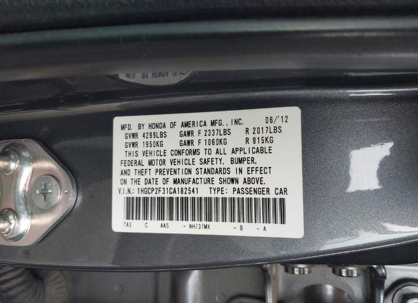Photo 9 of 2012 Honda Accord 2.4 LX (VIN 1HGCP2F31CA182541)