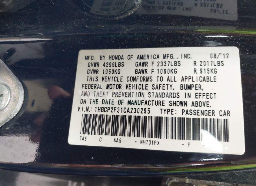 Photo 9 of 2012 Honda Accord 2.4 LX (VIN 1HGCP2F31CA230295)