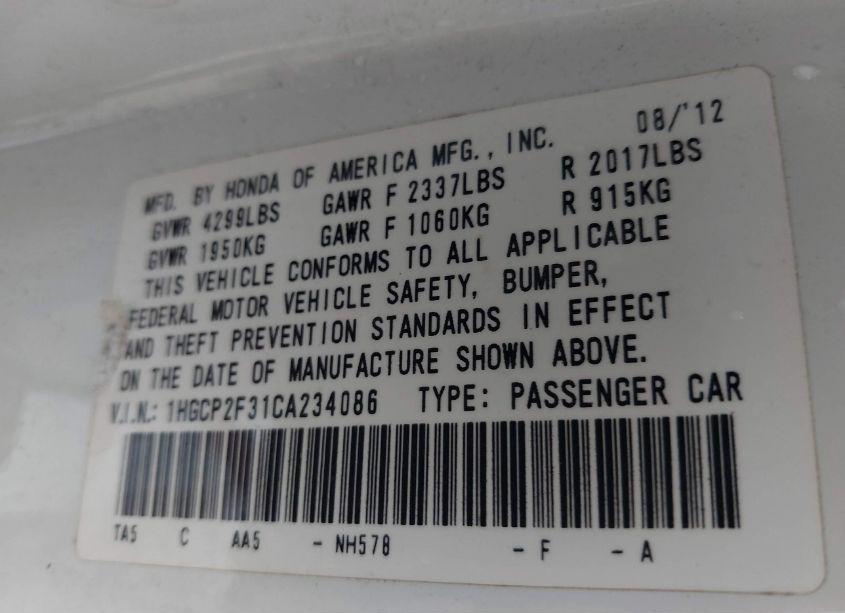 Photo 9 of 2012 Honda Accord 2.4 LX (VIN 1HGCP2F31CA234086)