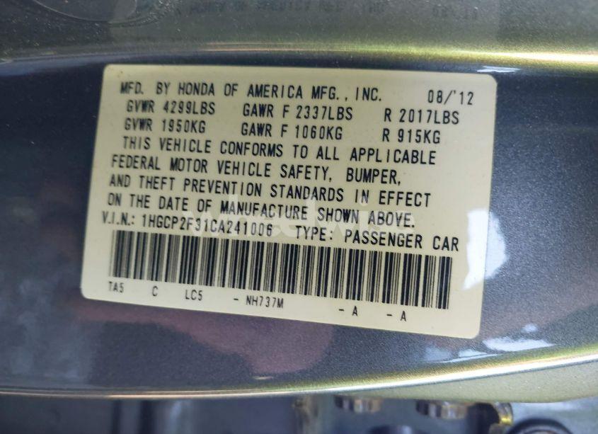 Photo 9 of 2012 Honda Accord 2.4 LX (VIN 1HGCP2F31CA241006)