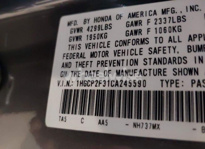 Photo 9 of 2012 Honda Accord 2.4 LX (VIN 1HGCP2F31CA245590)