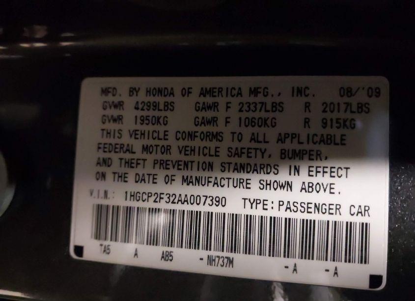 Photo 9 of 2010 Honda Accord 2.4 LX (VIN 1HGCP2F32AA007390)