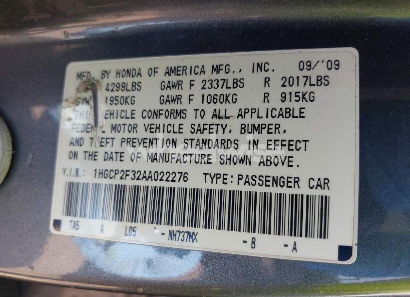 Photo 9 of 2010 Honda Accord 2.4 LX (VIN 1HGCP2F32AA022276)