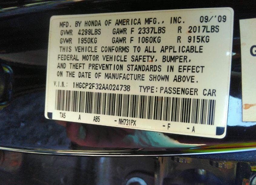 Photo 9 of 2010 Honda Accord 2.4 LX (VIN 1HGCP2F32AA024738)