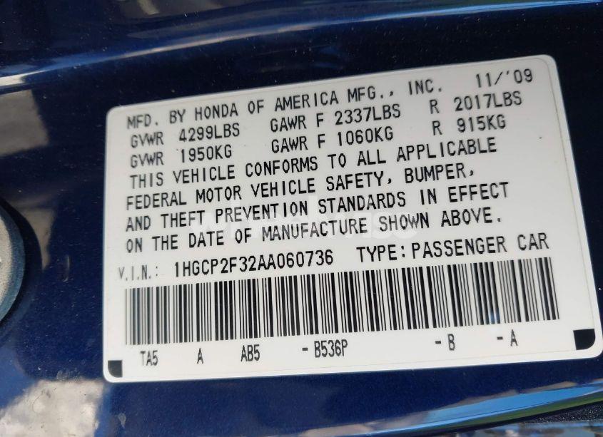 Photo 9 of 2010 Honda Accord 2.4 LX (VIN 1HGCP2F32AA060736)