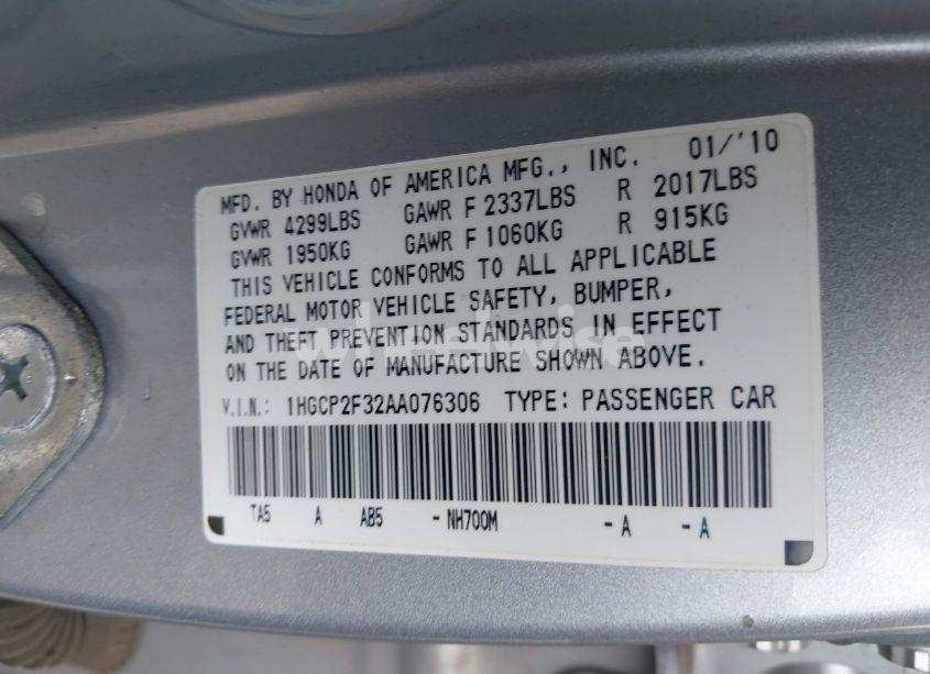 Photo 9 of 2010 Honda Accord 2.4 LX (VIN 1HGCP2F32AA076306)