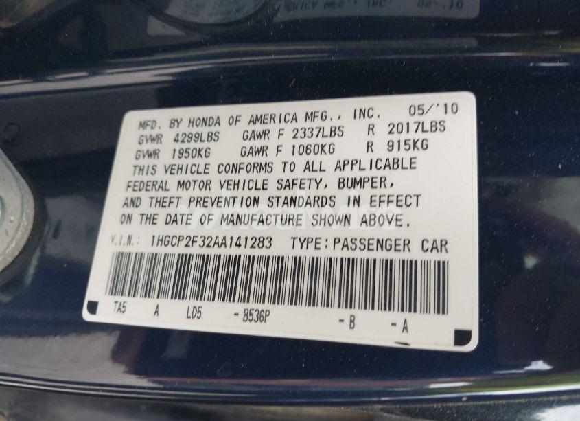 Photo 9 of 2010 Honda Accord 2.4 LX (VIN 1HGCP2F32AA141283)