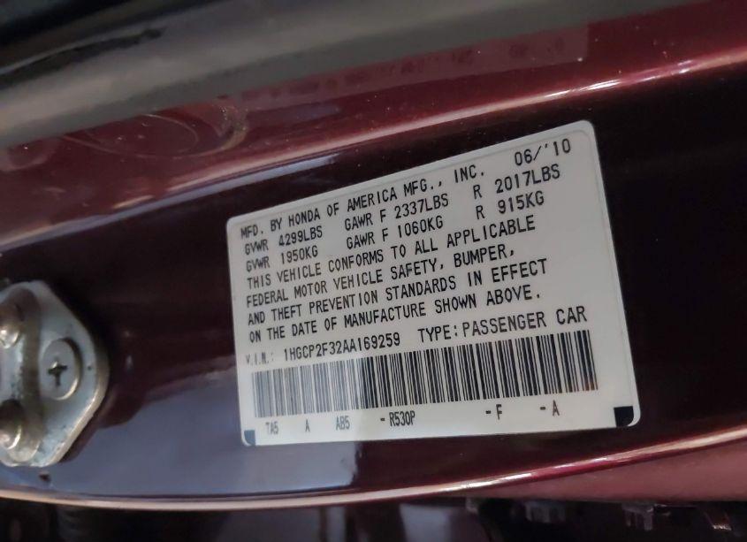 Photo 9 of 2010 Honda Accord 2.4 LX (VIN 1HGCP2F32AA169259)