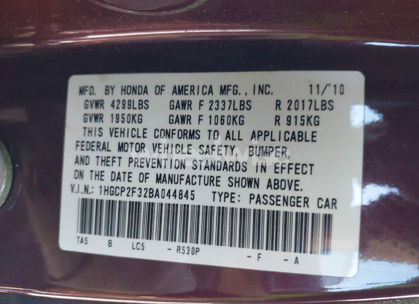 Photo 9 of 2011 Honda Accord 2.4 LX (VIN 1HGCP2F32BA044845)