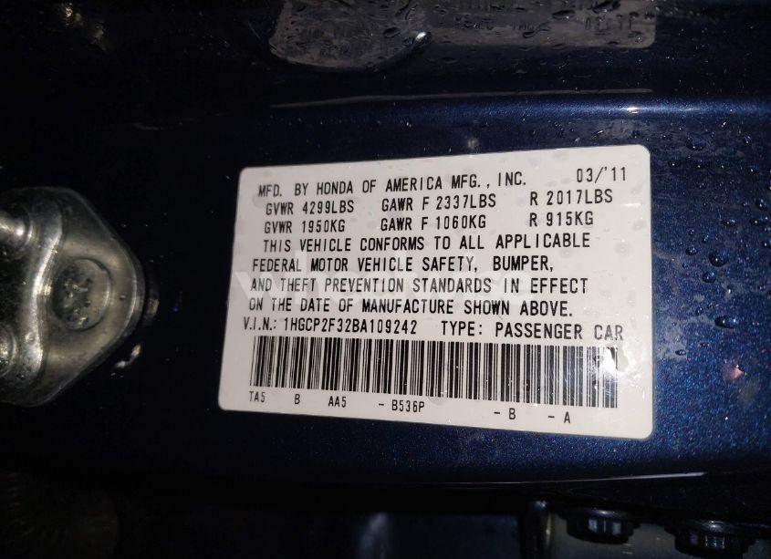 Photo 9 of 2011 Honda Accord 2.4 LX (VIN 1HGCP2F32BA109242)