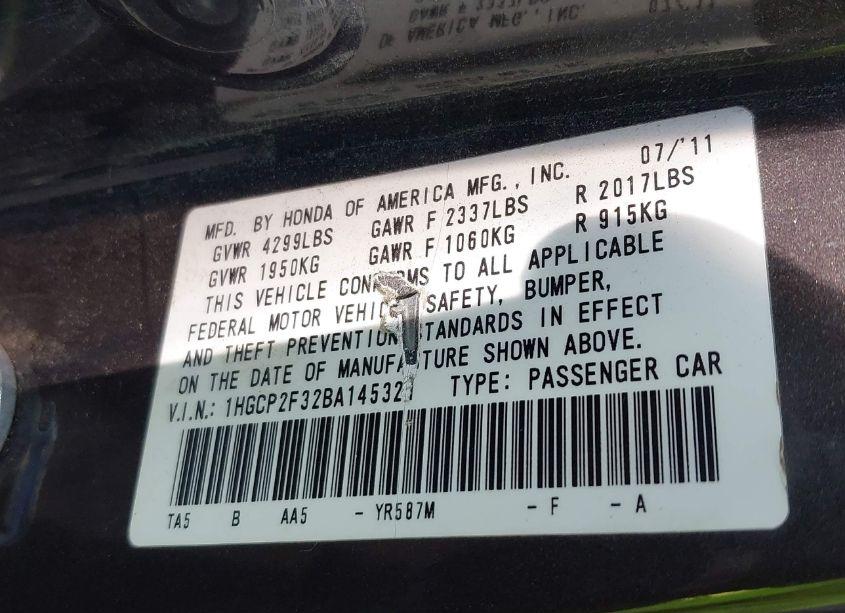 Photo 9 of 2011 Honda Accord 2.4 LX (VIN 1HGCP2F32BA145321)