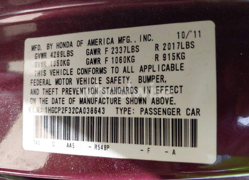 Photo 9 of 2012 Honda Accord 2.4 LX (VIN 1HGCP2F32CA038643)