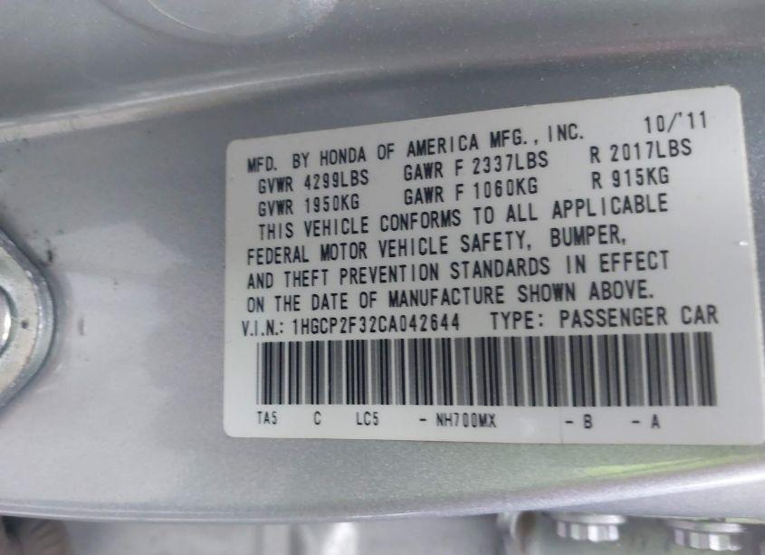 Photo 9 of 2012 Honda Accord 2.4 LX (VIN 1HGCP2F32CA042644)