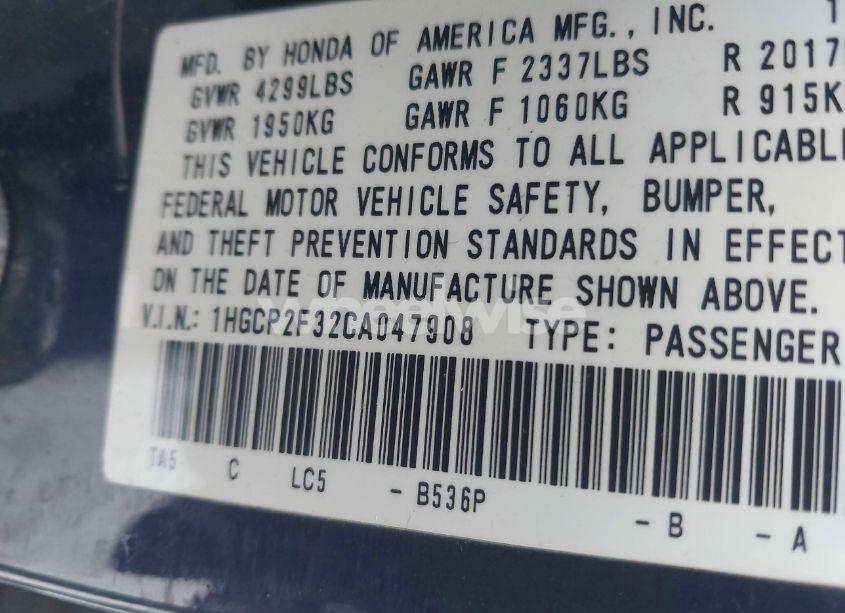 Photo 9 of 2012 Honda Accord 2.4 LX (VIN 1HGCP2F32CA047908)