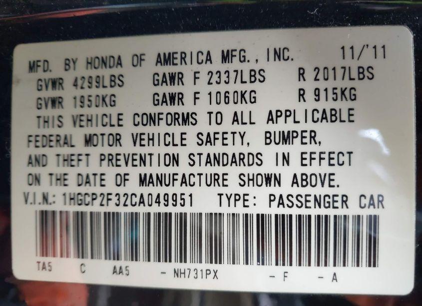 Photo 9 of 2012 Honda Accord 2.4 LX (VIN 1HGCP2F32CA049951)