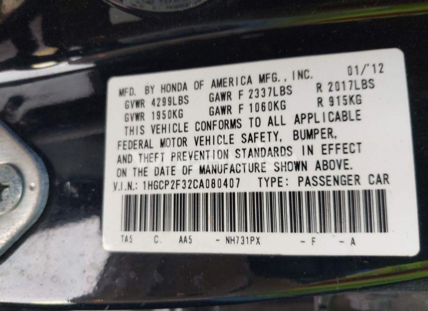 Photo 9 of 2012 Honda Accord 2.4 LX (VIN 1HGCP2F32CA080407)